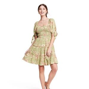 Agua Bendita Olive and Peach Floral Mini Dress